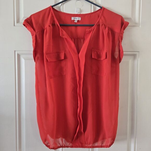 Marisol Women's Size Medium Sheer Cap Sleeve Blouse Red Relaxed Flowy Fit Summer - Picture 1 of 7